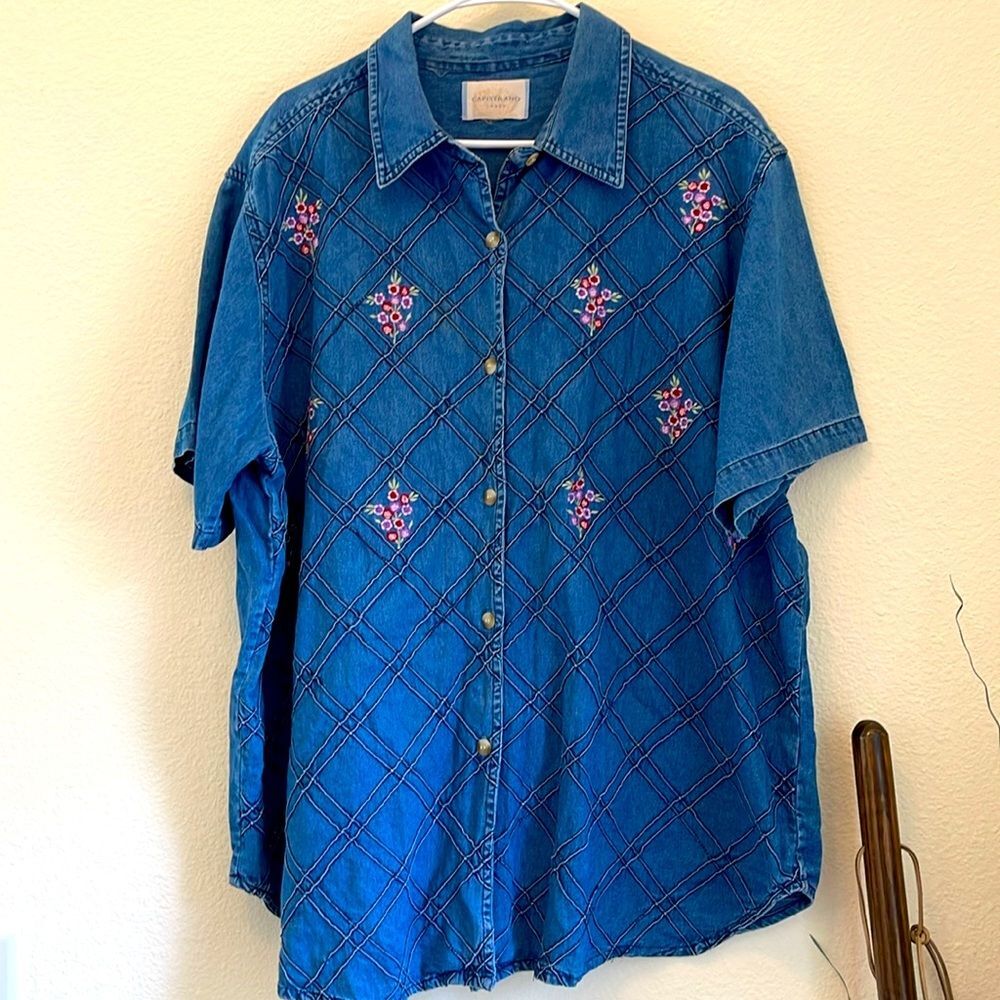 Denim Shirt Embroidered Floral Button Down Short Sleeve Vintage 1X